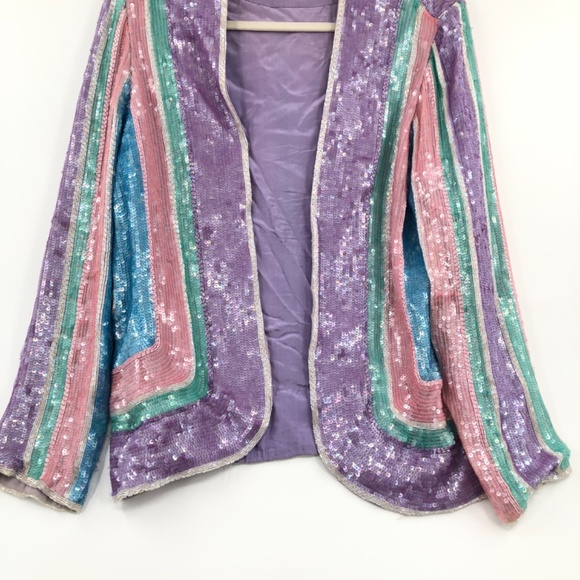Saz Silk Sequin Jacket Pastel Colors Disco Stripes Pink Purple Blue - Picture 3 of 12